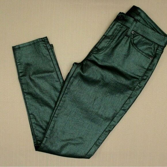 7 For All Mankind The Ankle Skinny Jeans Metallic Green Size 27 - Picture 3 of 5